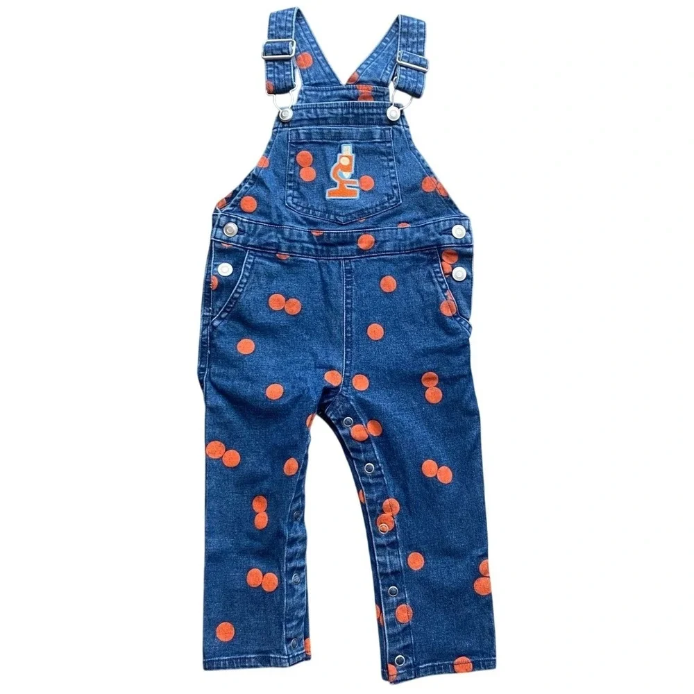 Toddler 18M Denim Overalls Orange‎ Polka Dots Adjustable Straps Snap Legs Cute